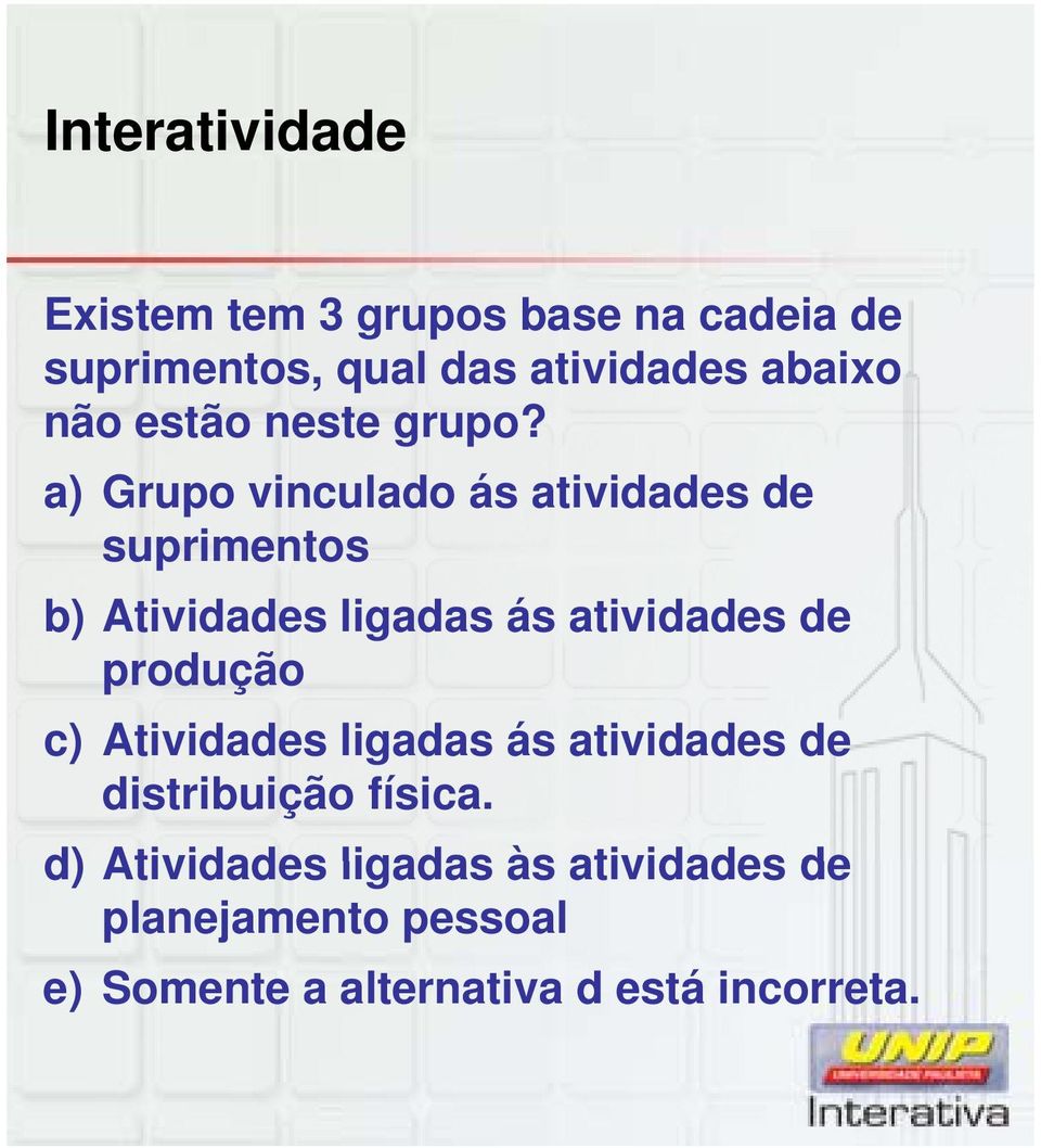 a) Grupo vinculado ás atividades de suprimentos b) Atividades ligadas ás atividades de