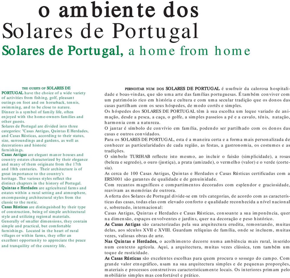 Solares de Portugal are divided into three categories: "Casas Antigas, Quintas E Herdades, and Casas Rústicas, according to their status, size, surroundings and gardens, as well as decorations and