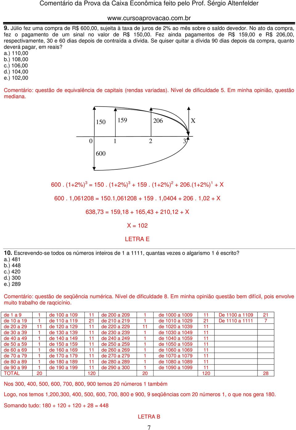 ) 108,00 c.) 106,00 d.) 104,00 e.) 102,00 Comentário: questão de equivalência de capitais (rendas variadas). Nível de dificuldade 5. Em minha opinião, questão mediana. 150 159 206 X 0 1 2 3 600 600.