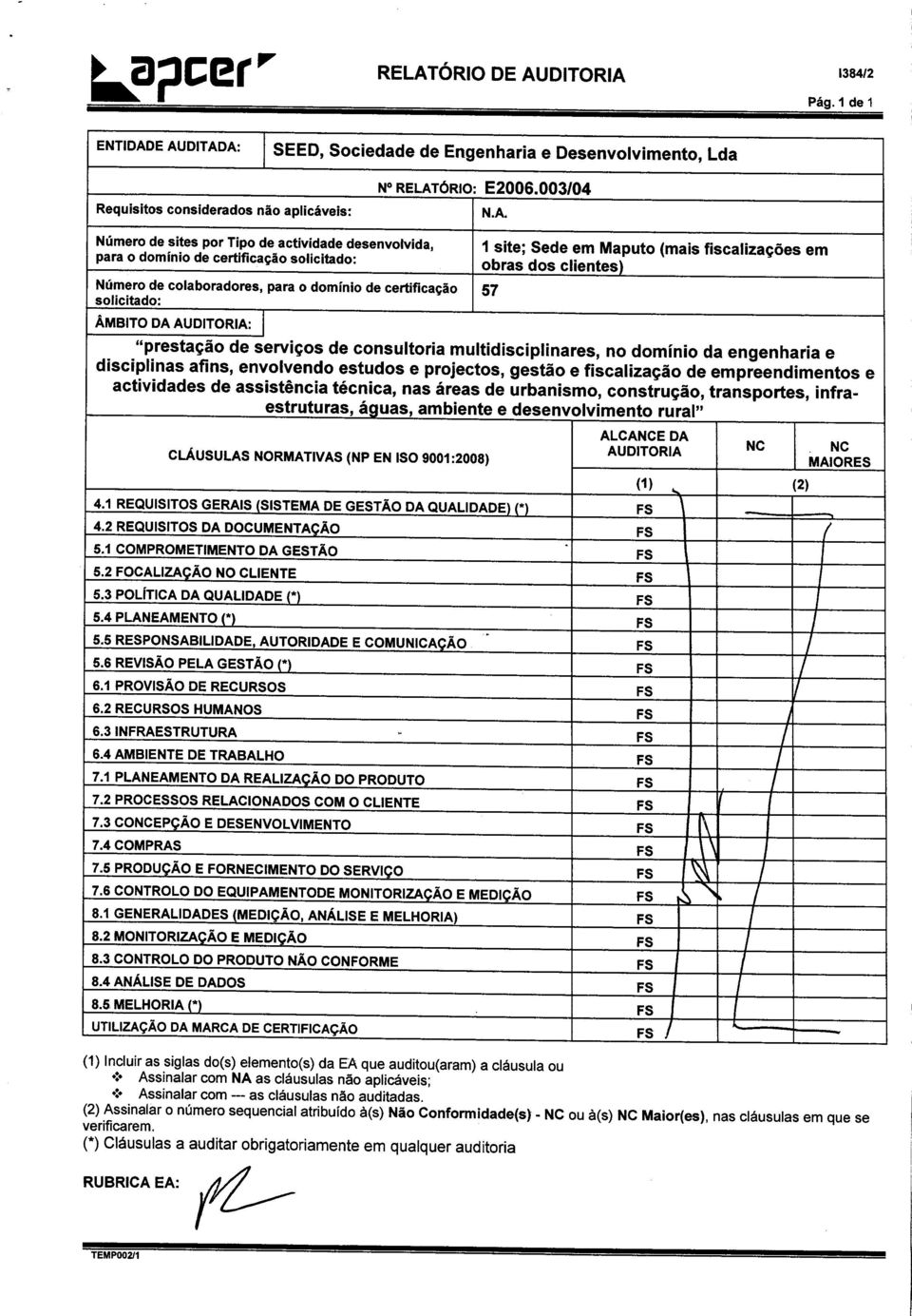 certlflcacao 5 solicitado: AMBITO DA AUDITORIA: I "prestacac de services de consultoria multidisciplinares, no dominio da engenharia e disciplinas afins, envolvendo estudos e projectos, gestao e