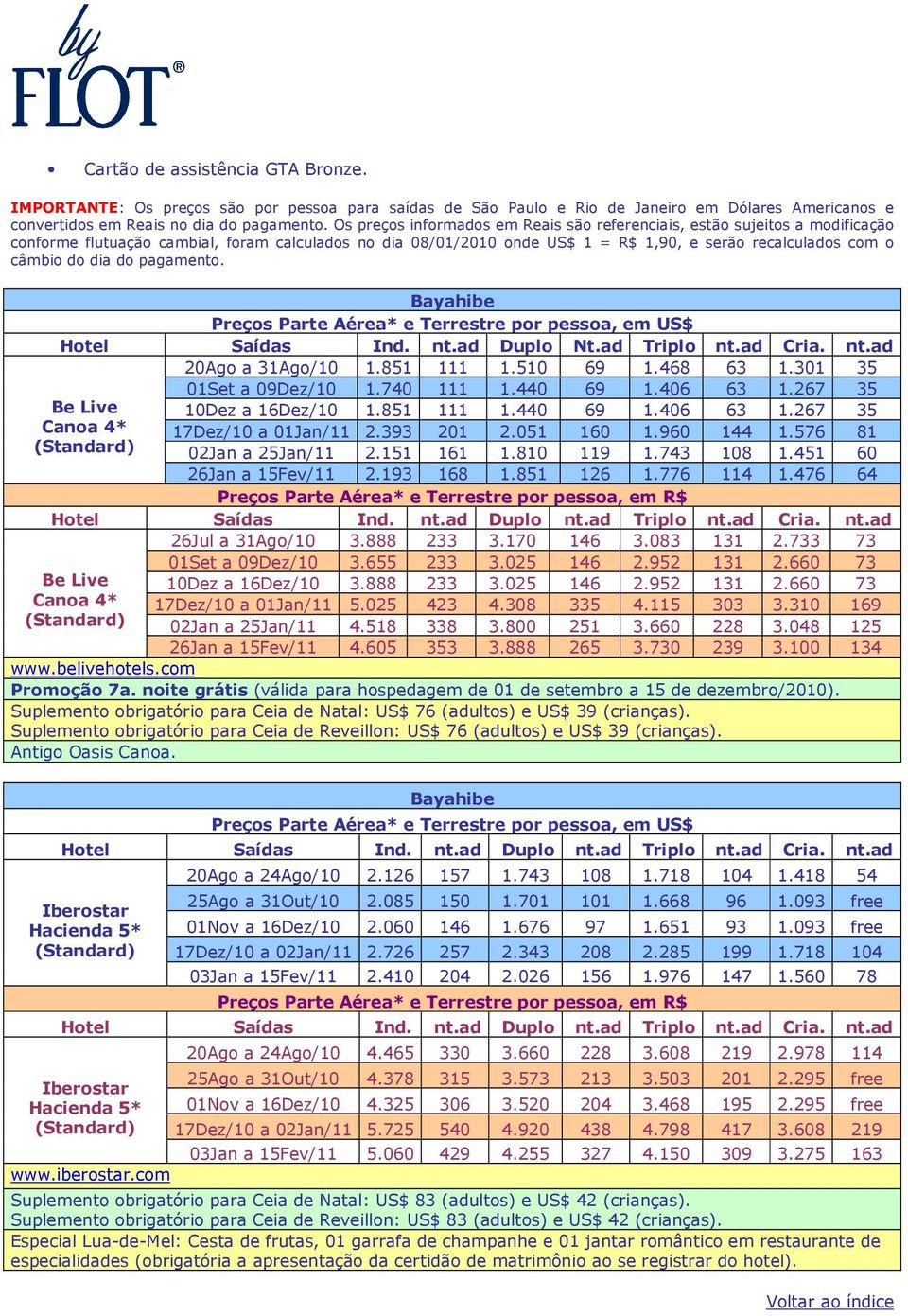 dia do pagamento. Bayahibe Hotel Saídas Ind. nt.ad Duplo Nt.ad Triplo nt.ad Cria. nt.ad 20Ago a 31Ago/10 1.851 111 1.510 69 1.468 63 1.301 35 01Set a 09Dez/10 1.740 111 1.440 69 1.406 63 1.