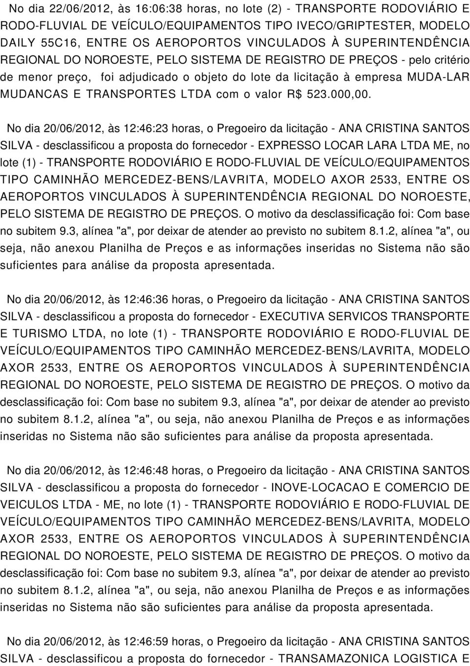 No dia 20/06/2012, às 12:46:23 horas, o Pregoeiro da licitação - ANA CRISTINA SANTOS SILVA - desclassificou a proposta do fornecedor - EXPRESSO LOCAR LARA LTDA, no lote (1) - TRANSPORTE RODOVIÁRIO E