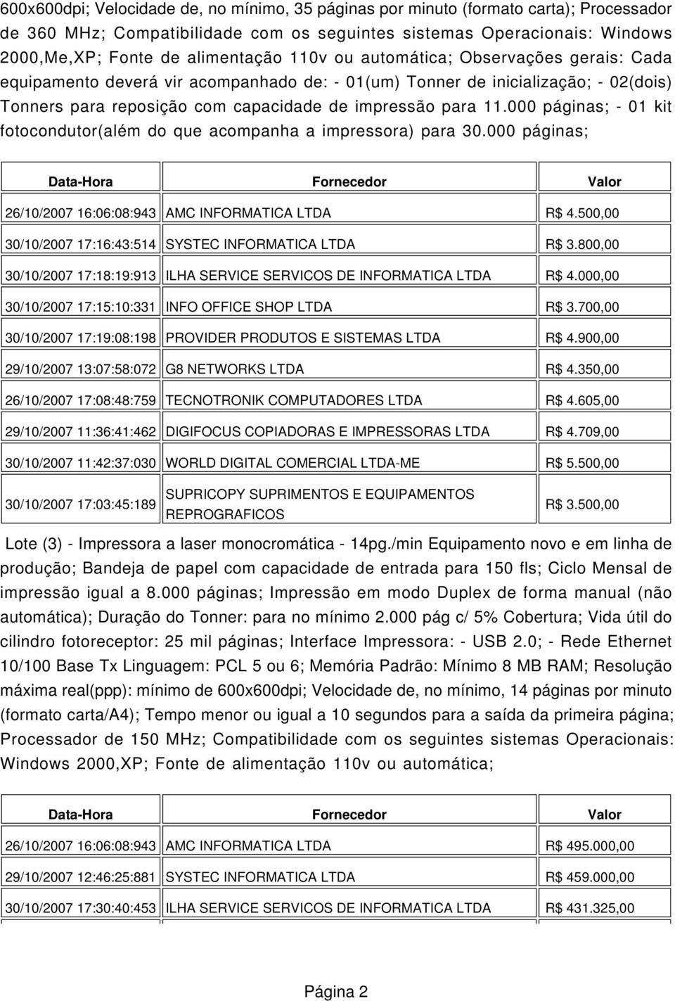 000 páginas; - 01 kit fotocondutor(além do que acompanha a impressora) para 30.000 páginas; Data-Hora Fornecedor Valor 26/10/2007 16:06:08:943 AMC INFORMATICA LTDA R$ 4.