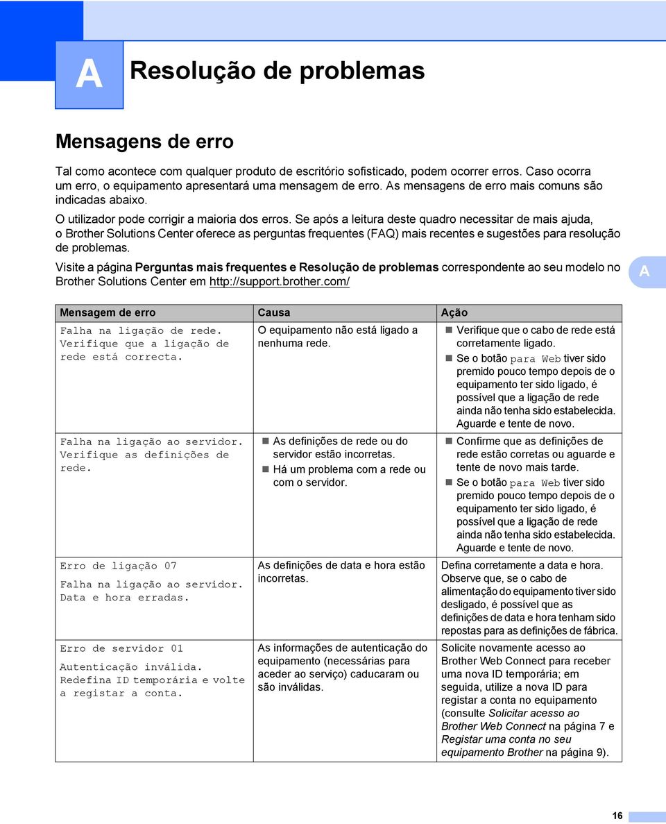 Se após a leitura deste quadro necessitar de mais ajuda, o Brother Solutions Center oferece as perguntas frequentes (FAQ) mais recentes e sugestões para resolução de problemas.