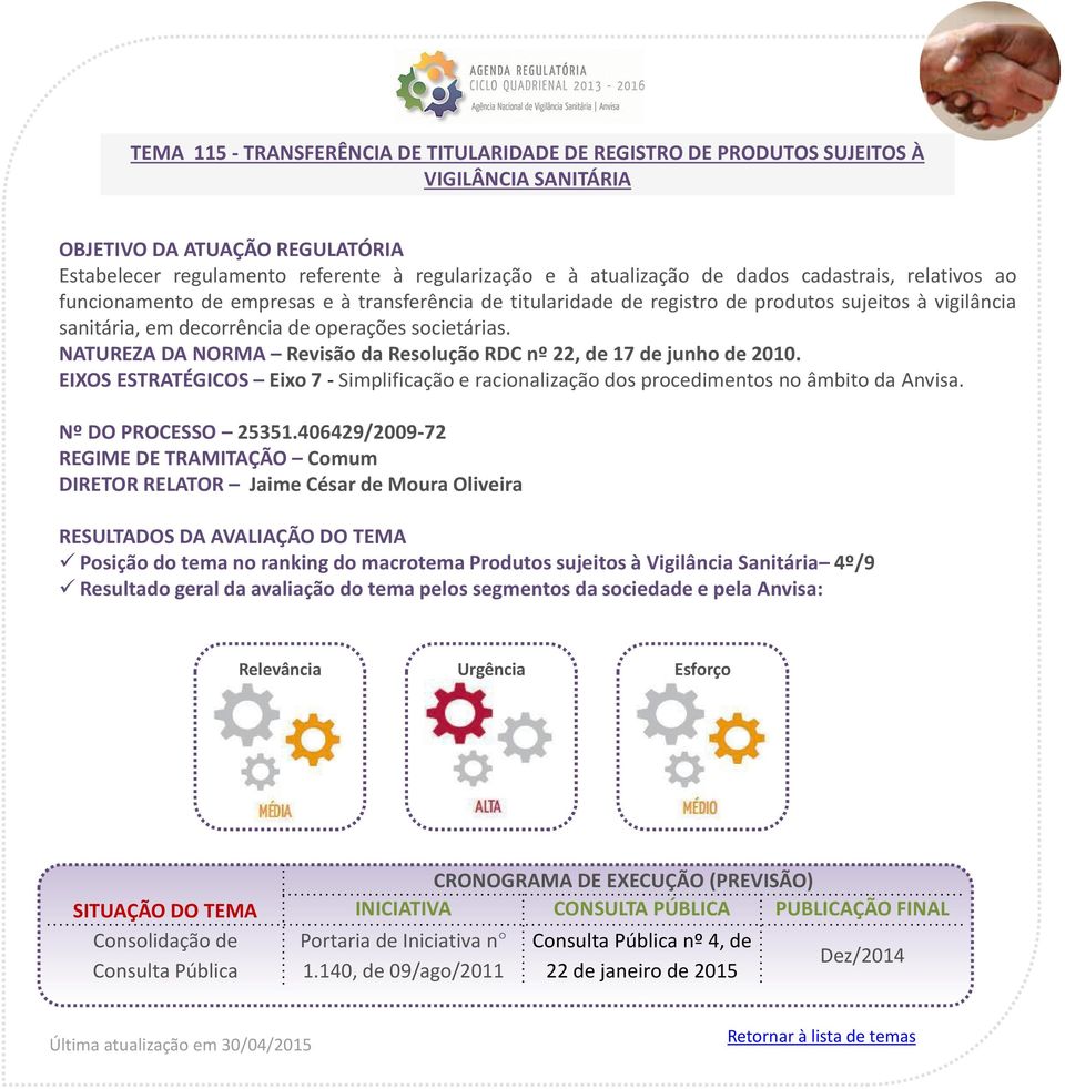 NATUREZA DA NORMA Revisão da Resolução RDC nº 22, de 17 de junho de 2010. EIXOS ESTRATÉGICOS Eixo 7 - Simplificação e racionalização dos procedimentos no âmbito da Anvisa. Nº DO PROCESSO 25351.