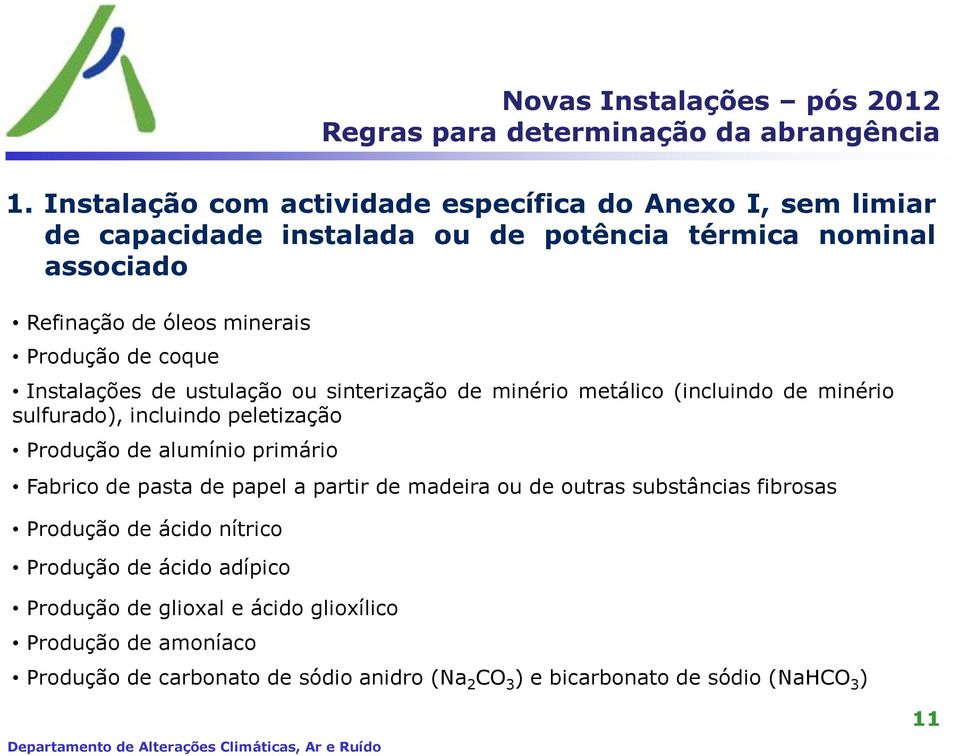 Produção de coque Instalações de ustulação ou sinterização de minério metálico (incluindo de minério sulfurado), incluindo peletização Produção de alumínio