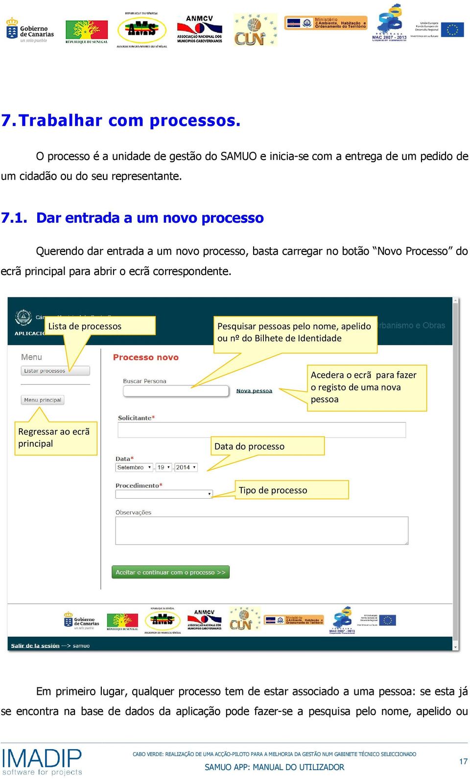 Lista de processos Pesquisar pessoas pelo nome, apelido ou nº do Bilhete de Identidade Acedera o ecrã para fazer o registo de uma nova pessoa Regressar ao ecrã principal