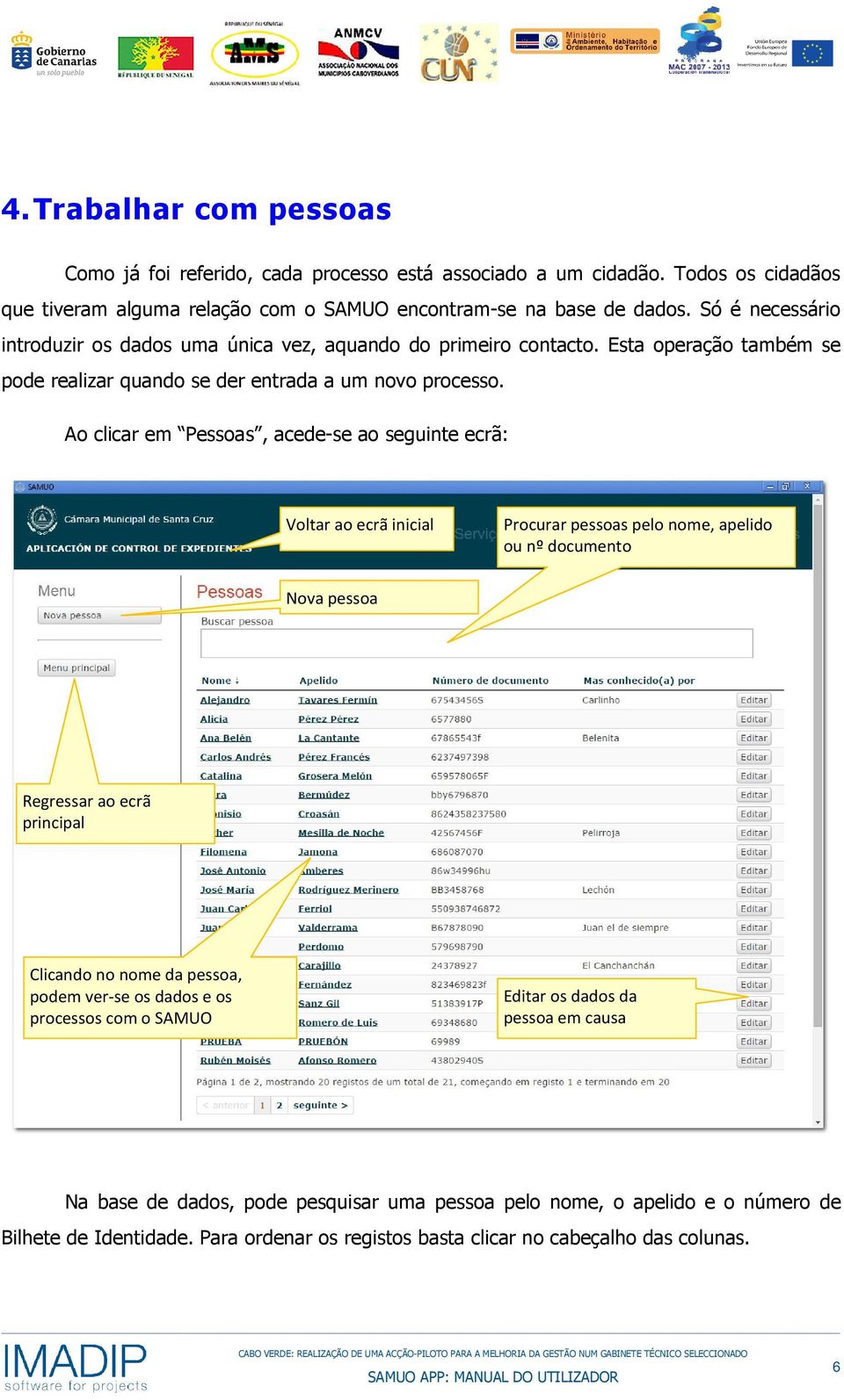 Ao clicar em Pessoas, acede-se ao seguinte ecrã: Voltar ao ecrã inicial Procurar pessoas pelo nome, apelido ou nº documento Nova pessoa Regressar ao ecrã principal Clicando no nome da pessoa,