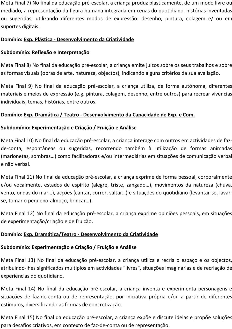 Plástica - Desenvolvimento da Criatividade Subdomínio: Reflexão e Interpretação Meta Final 8) No final da educação pré-escolar, a criança emite juízos sobre os seus trabalhos e sobre as formas