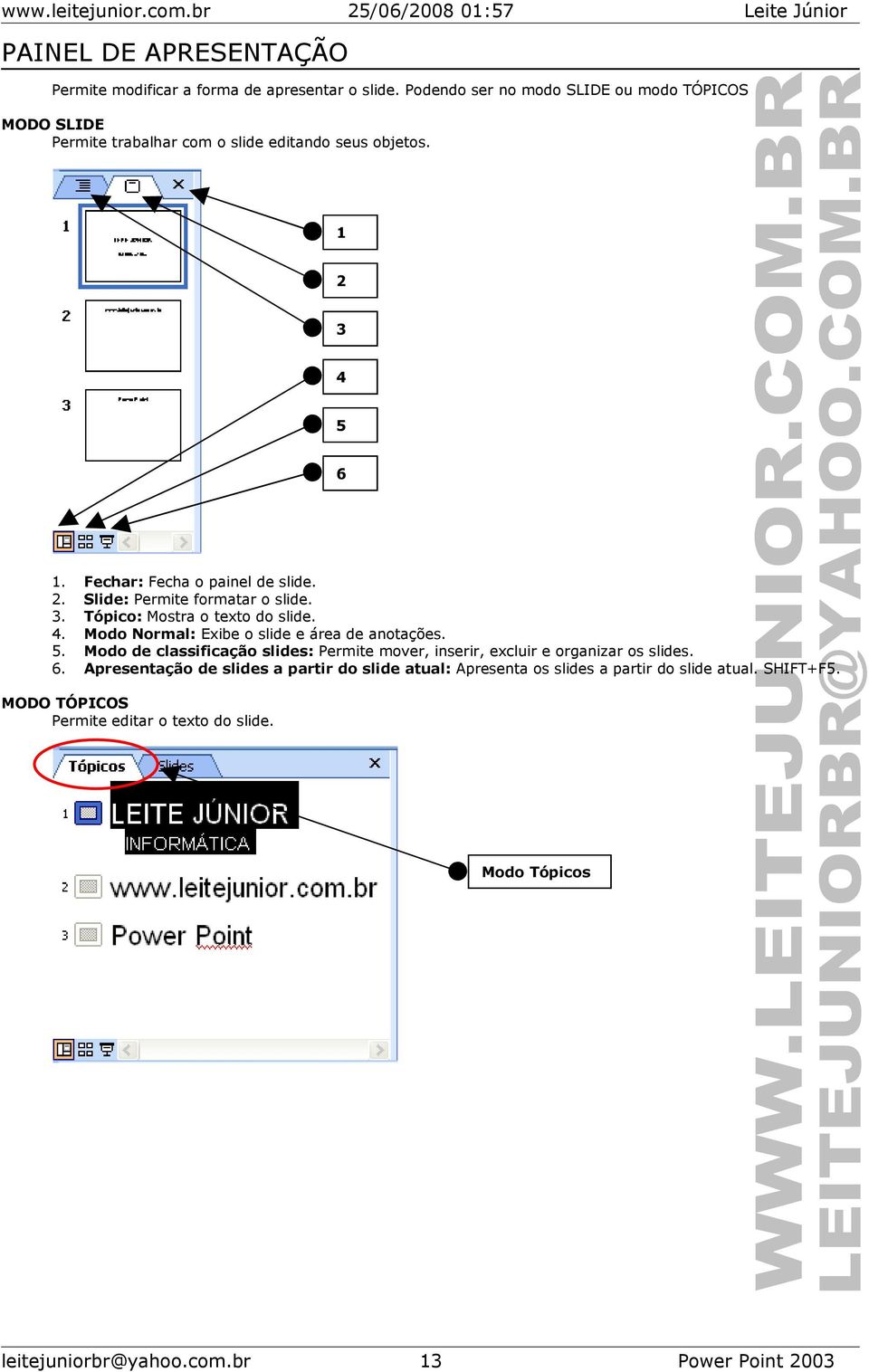 Slide: Permite formatar o slide. Tópico: Mostra o texto do slide. Modo Normal: Exibe o slide e área de anotações.