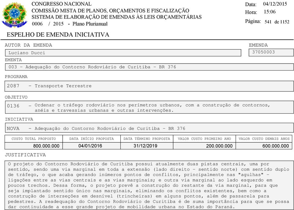 000.000 600.000.000 O projeto do Contorno Rodoviário de Curitiba possui atualmente duas pistas centrais, uma por sentido, sendo uma via marginal em toda a extensão (lado direito - sentido norte) com