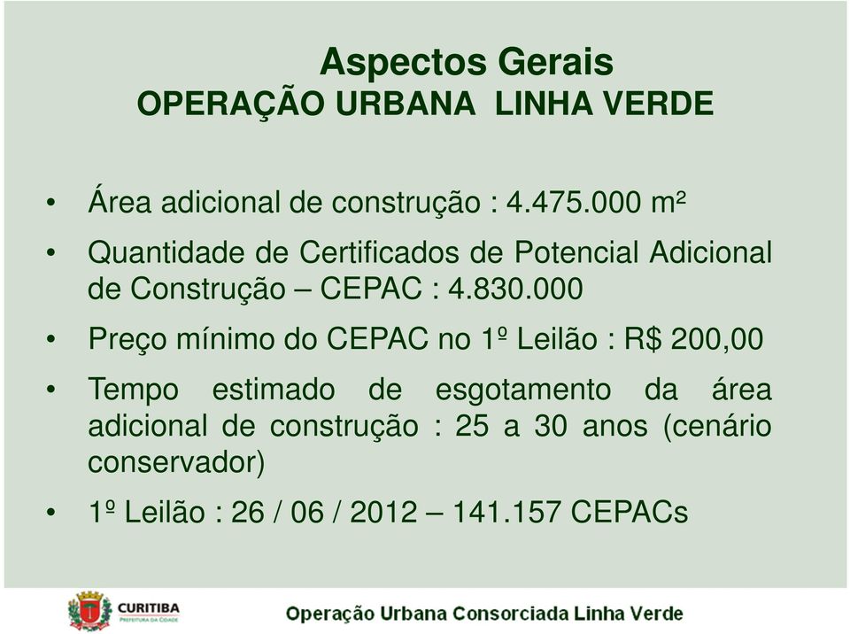 000 Preço mínimo do CEPAC no 1º Leilão : R$ 200,00 Tempo estimado de esgotamento da área