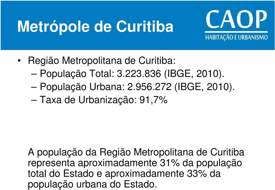 Taxa de Urbanização: 91,7% A população da Região Metropolitana de Curitiba