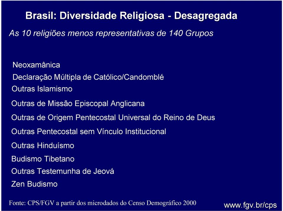 Episcopal Anglicana Outras de Origem Pentecostal Universal do Reino de Deus Outras Pentecostal