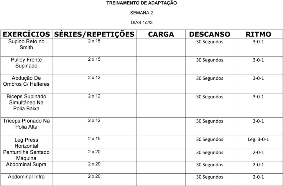 Leg: 3-0-1 2 x 20 Máquina Abdominal