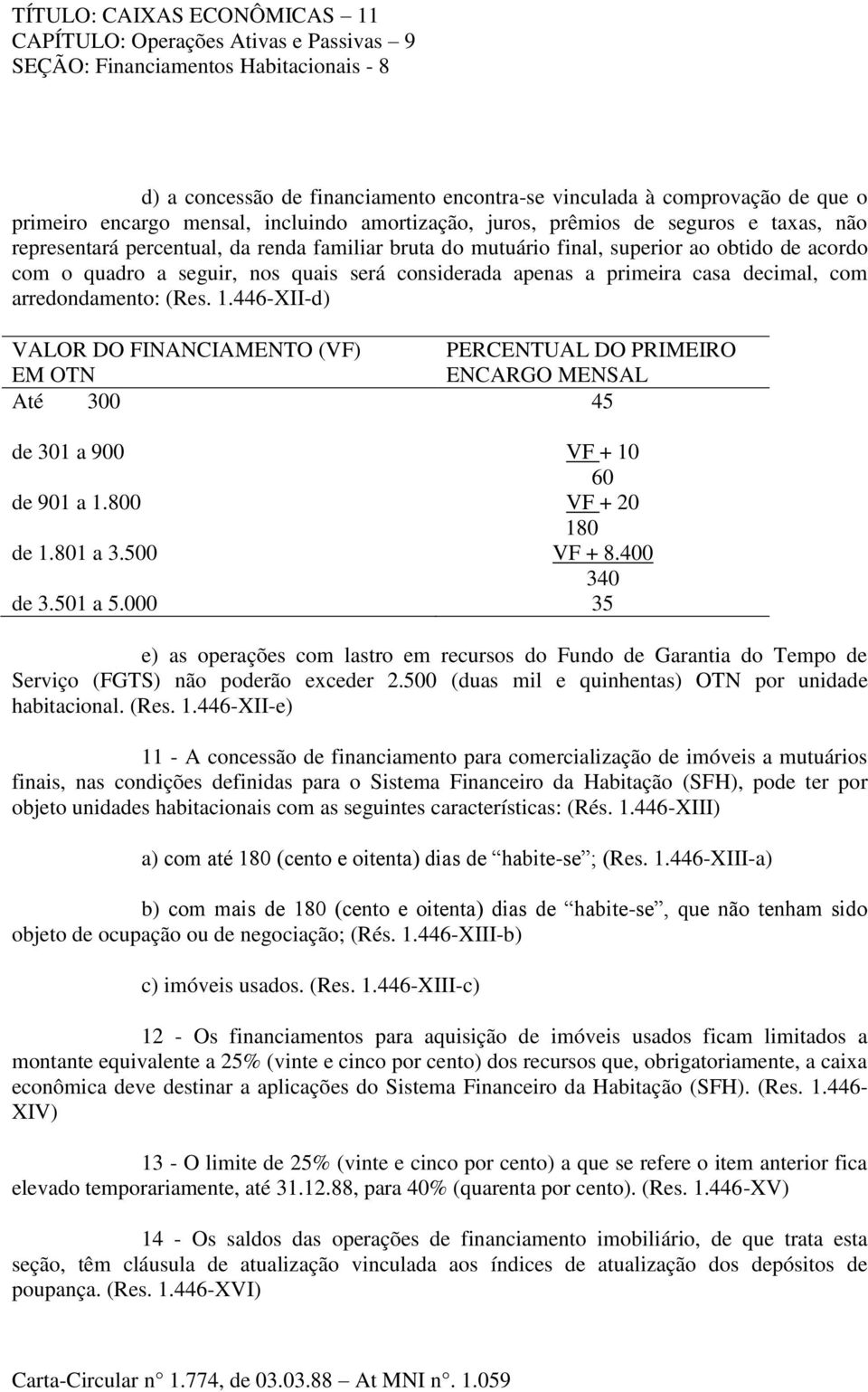 446-XII-d) VALOR DO FINANCIAMENTO (VF) PERCENTUAL DO PRIMEIRO EM OTN ENCARGO MENSAL Até 300 45 de 301 a 900 VF + 10 60 de 901 a 1.800 VF + 20 180 de 1.801 a 3.500 VF + 8.400 340 de 3.501 a 5.