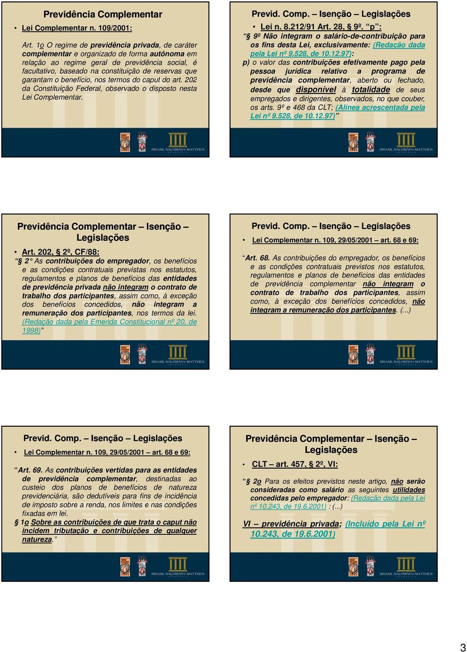 garantam o benefício, nos termos do caput do art. 202 da Constituição Federal, observado o disposto nesta Lei Complementar. Previd. Comp. Isenção Legislações Lei n. 8.212/91 Art. 28, 9º.