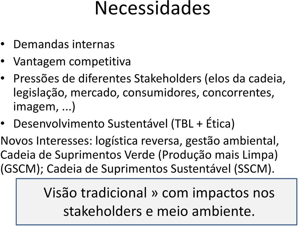 ..) Desenvolvimento Sustentável (TBL + Ética) Novos Interesses: logística reversa, gestão ambiental,