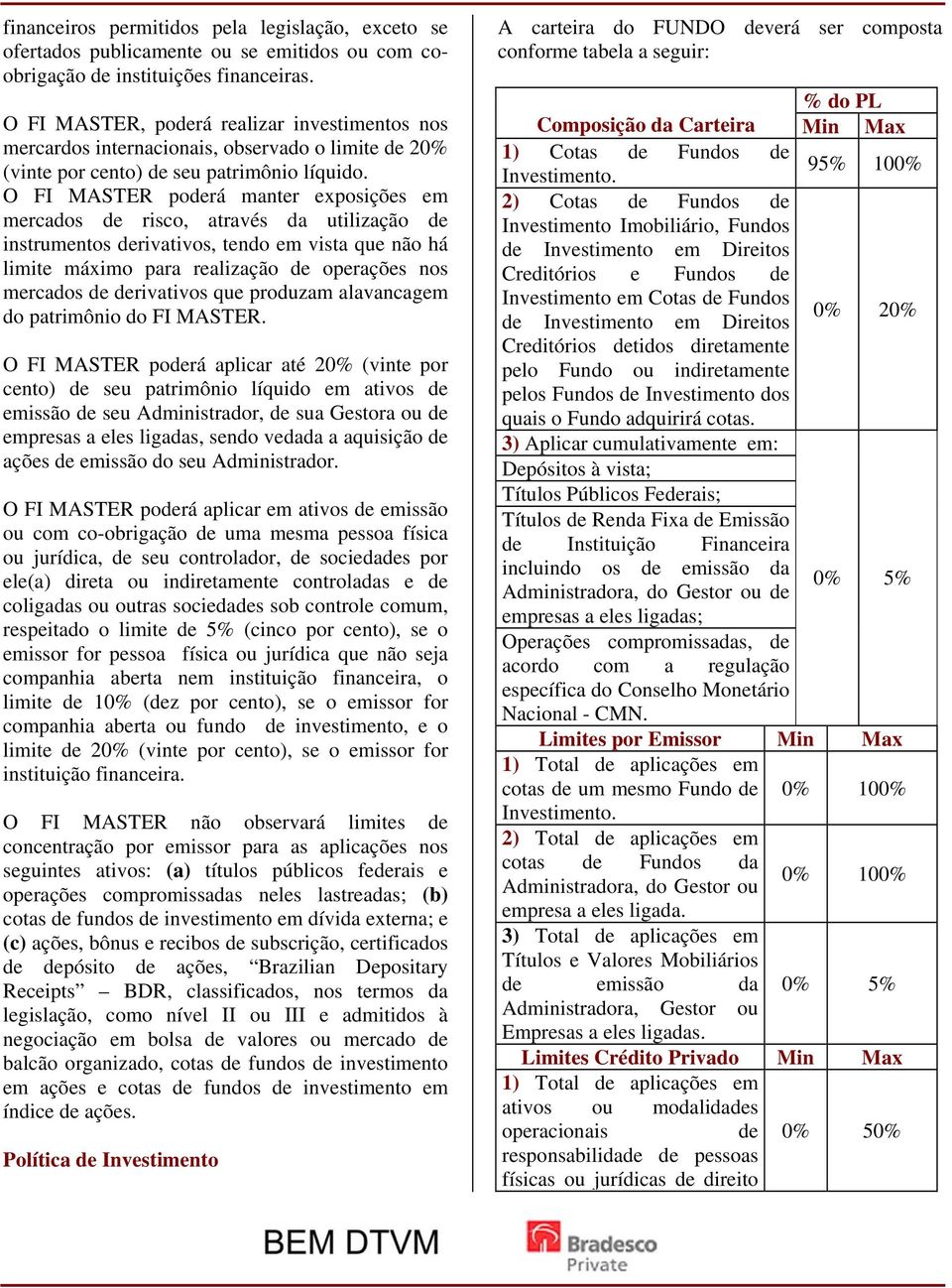 O FI MASTER poderá manter exposições em mercados de risco, através da utilização de instrumentos derivativos, tendo em vista que não há limite máximo para realização de operações nos mercados de