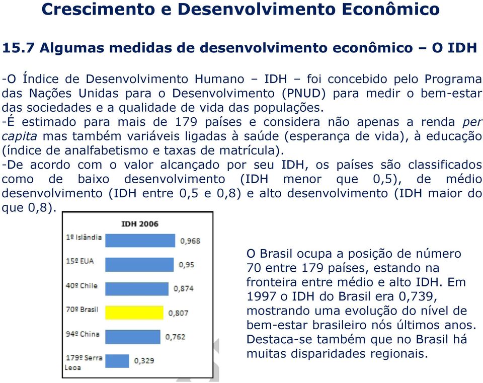 -É estimado para mais de 179 países e considera não apenas a renda per capita mas também variáveis ligadas à saúde (esperança de vida), à educação (índice de analfabetismo e taxas de matrícula).