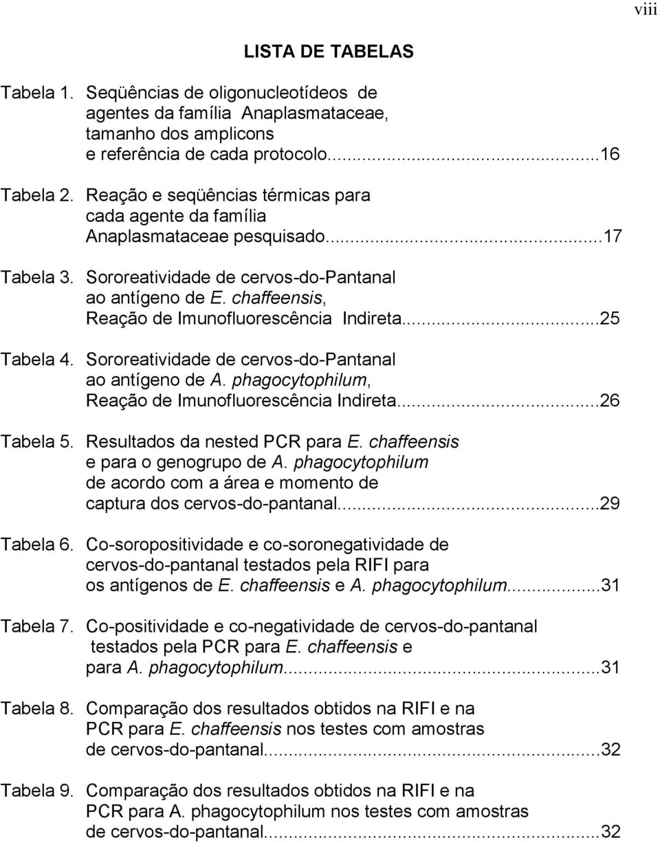 chaffeensis, Reação de Imunofluorescência Indireta...25 Tabela 4. Sororeatividade de cervos-do-pantanal ao antígeno de A. phagocytophilum, Reação de Imunofluorescência Indireta...26 Tabela 5.
