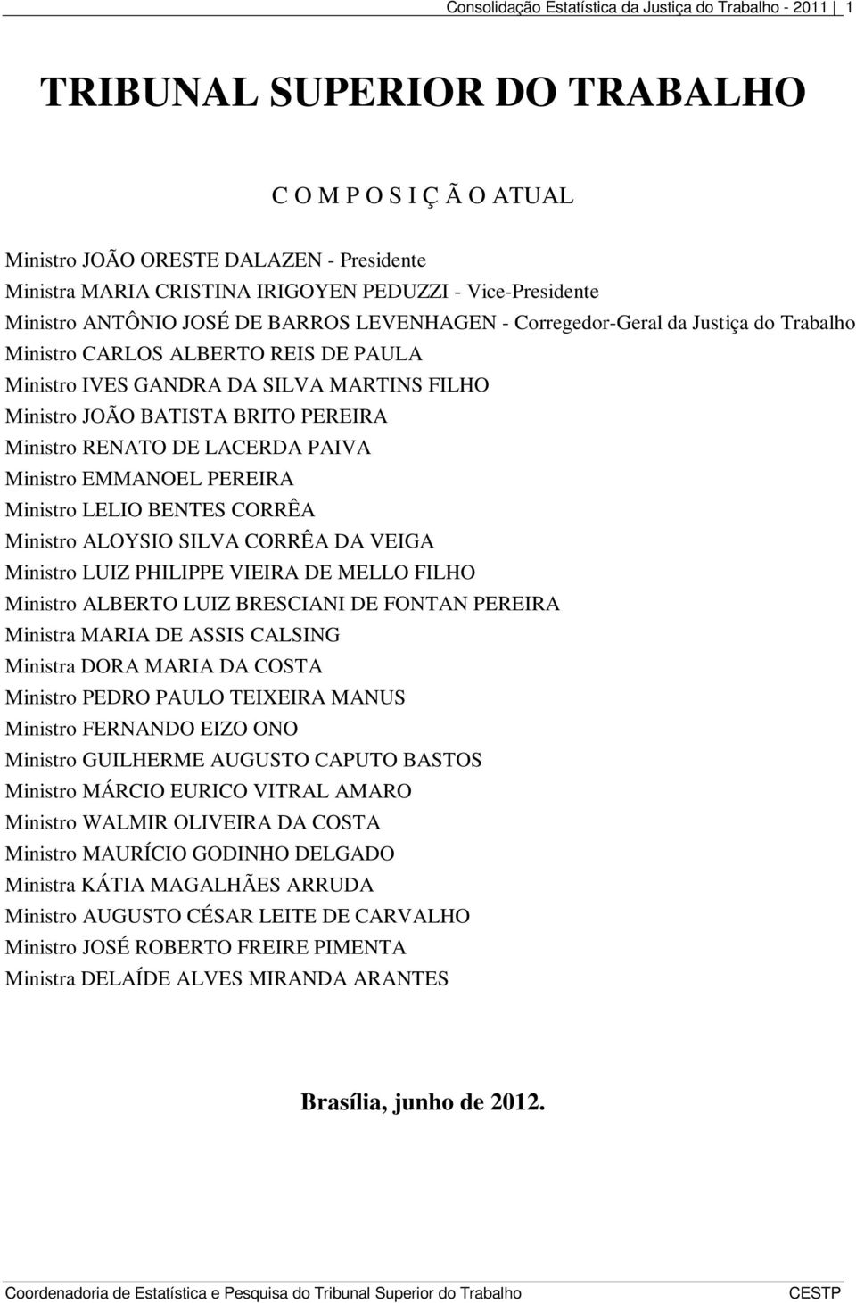 BATISTA BRITO PEREIRA Ministro RENATO DE LACERDA PAIVA Ministro EMMANOEL PEREIRA Ministro LELIO BENTES CORRÊA Ministro ALOYSIO SILVA CORRÊA DA VEIGA Ministro LUIZ PHILIPPE VIEIRA DE MELLO FILHO