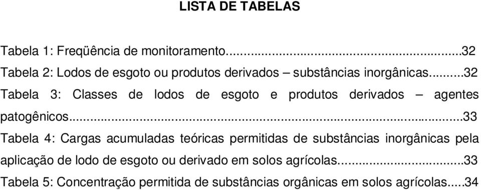 ..32 Tabela 3: Classes de lodos de esgoto e produtos derivados agentes patogênicos.