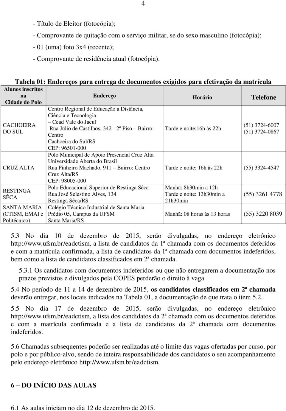 Politécnico) Endereço Horário Telefone Centro Regional de Educação a Distância, Ciência e Tecnologia Cead Vale do Jacuí Rua Júlio de Castilhos, 342-2º Piso Bairro: Centro Cachoeira do Sul/RS CEP: