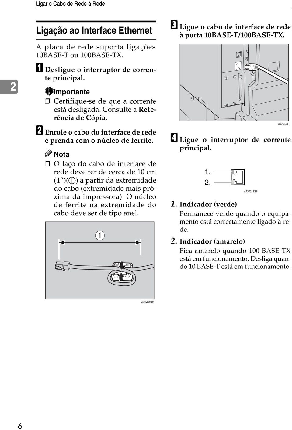 O laço do cabo de interface de rede deve ter de cerca de 10 cm (4 )(A) a partir da extremidade do cabo (extremidade mais próxima da impressora).