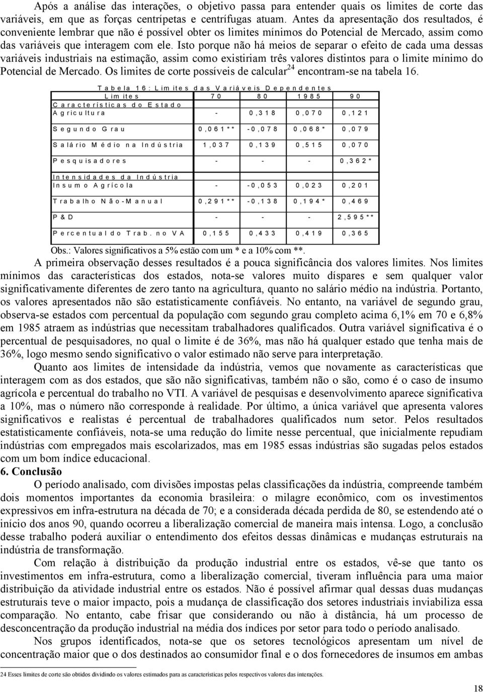 Isto porque não há meos de separar o efeto de cada uma dessas varáves ndustras na estmação, assm como exstram três valores dstntos para o lmte mínmo do Potencal de Mercado.