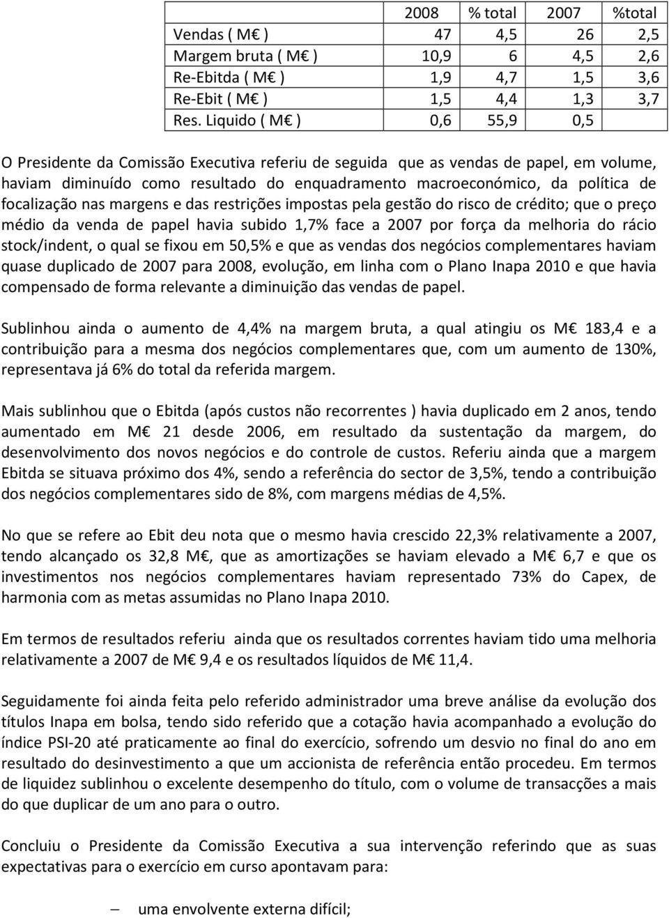 focalização nas margens e das restrições impostas pela gestão do risco de crédito; que o preço médio da venda de papel havia subido 1,7% face a 2007 por força da melhoria do rácio stock/indent, o