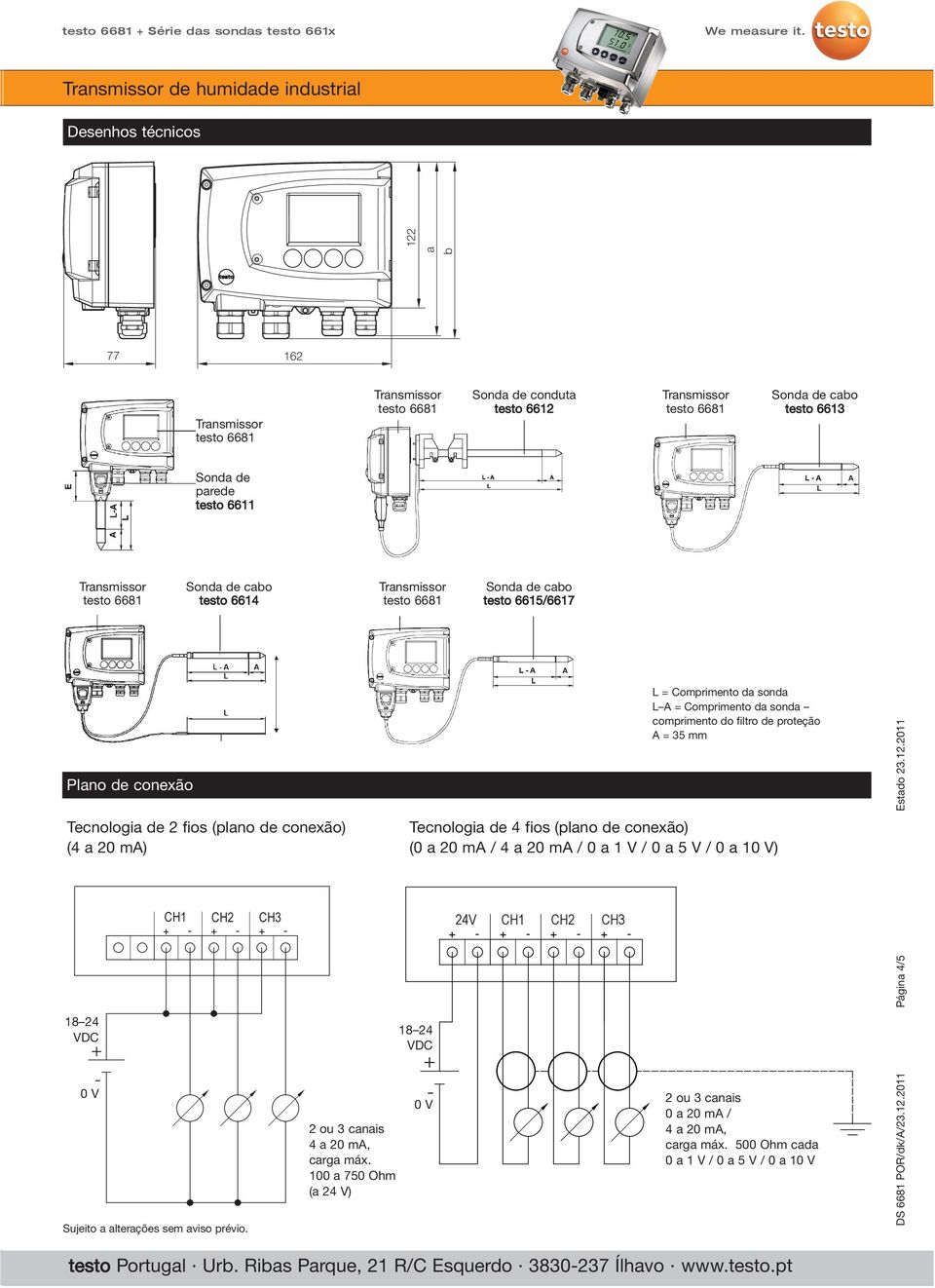 100 a 750 Ohm (a 24 V) + - 24V CH1 CH2 CH3 + - + - + - + - L = Comprimento da sonda L A = Comprimento da sonda comprimento do filtro de proteção A = 35 mm Tecnologia de 4 fios