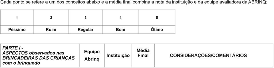 Regular Bom Ótimo PARTE I - ASPECTOS observados nas BRINCADEIRAS DAS