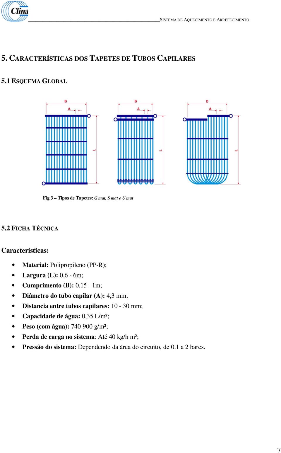 do tubo capilar (A): 4,3 mm; Distancia entre tubos capilares: 10-30 mm; Capacidade de água: 0,35 L/m²; Peso (com água):