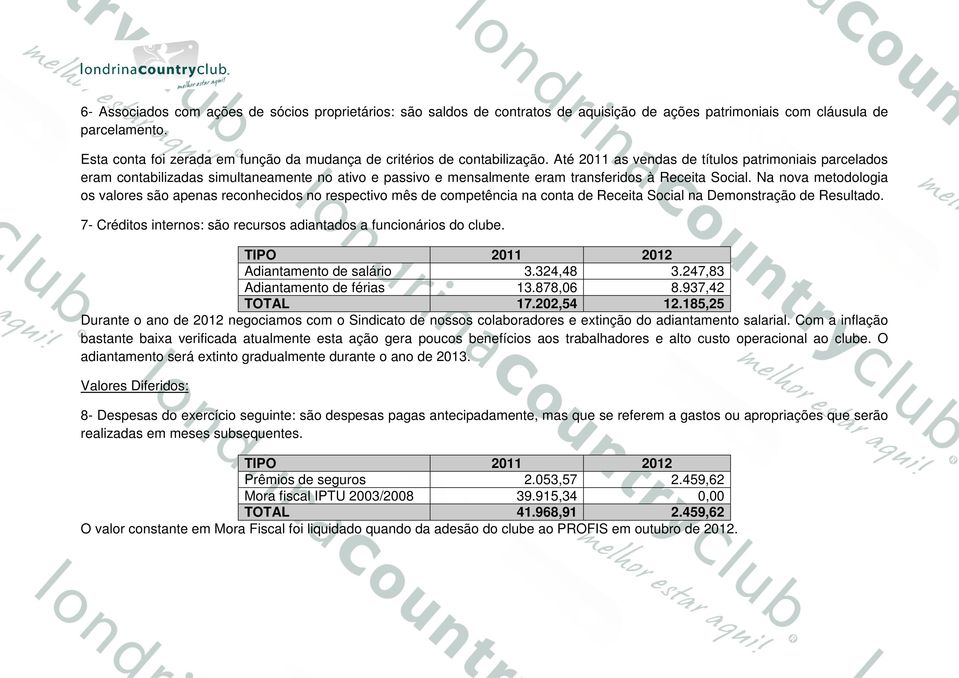 Até 2011 as vendas de títulos patrimoniais parcelados eram contabilizadas simultaneamente no ativo e passivo e mensalmente eram transferidos à Receita Social.