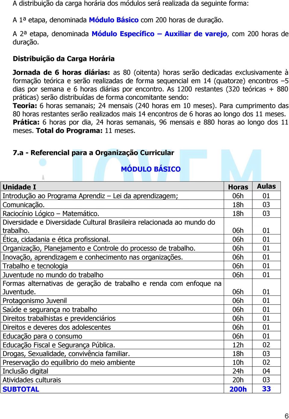 Distribuição da Carga Horária Jornada de 6 horas diárias: as 80 (oitenta) horas serão dedicadas exclusivamente à formação teórica e serão realizadas de forma sequencial em 14 (quatorze) encontros 5