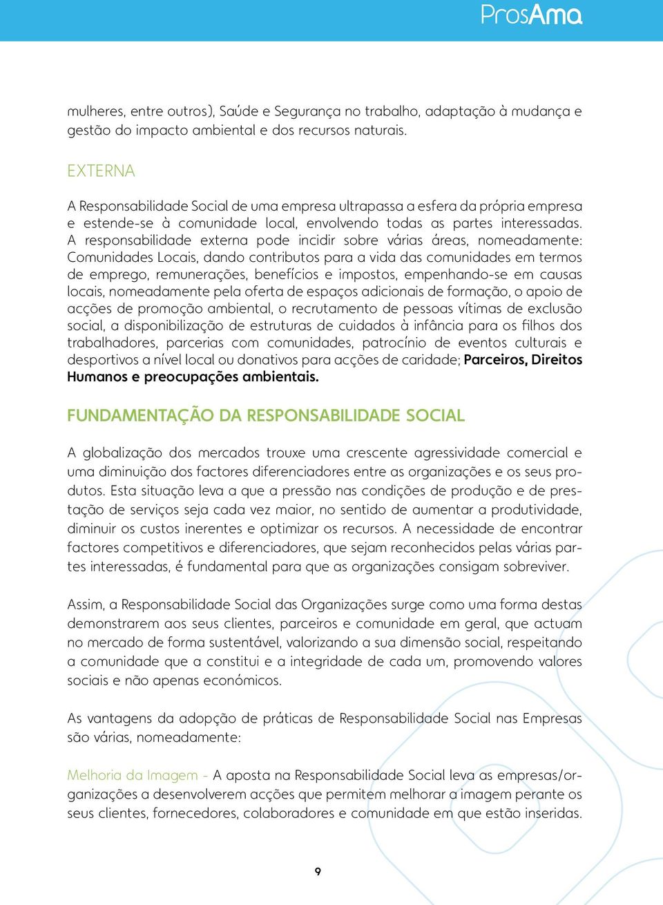 A responsabilidade externa pode incidir sobre várias áreas, nomeadamente: Comunidades Locais, dando contributos para a vida das comunidades em termos de emprego, remunerações, benefícios e impostos,