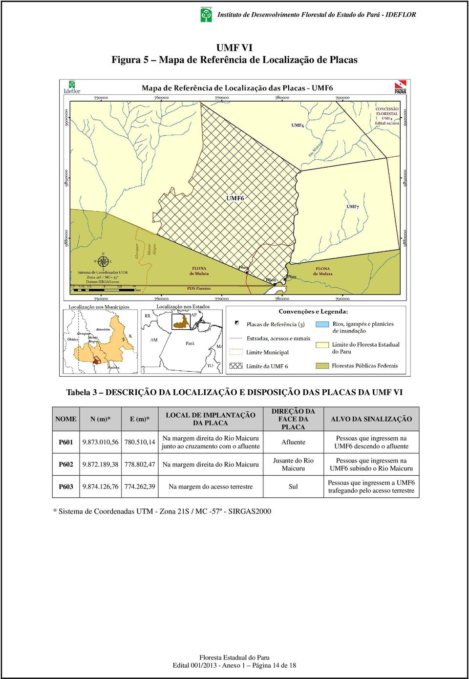 UMF6 descendo o afluente P602 9.872.189,38 778.802,47 Na margem direita do Rio Maicuru Jusante do Rio Maicuru Pessoas que ingressem na UMF6 subindo o Rio Maicuru P603 9.874.126,76 774.