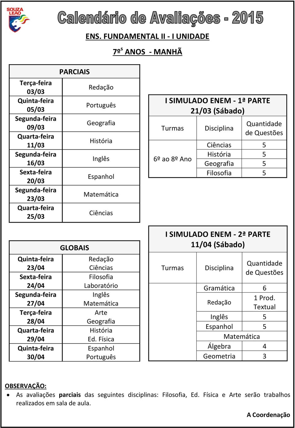 parciais das seguintes disciplinas:, e