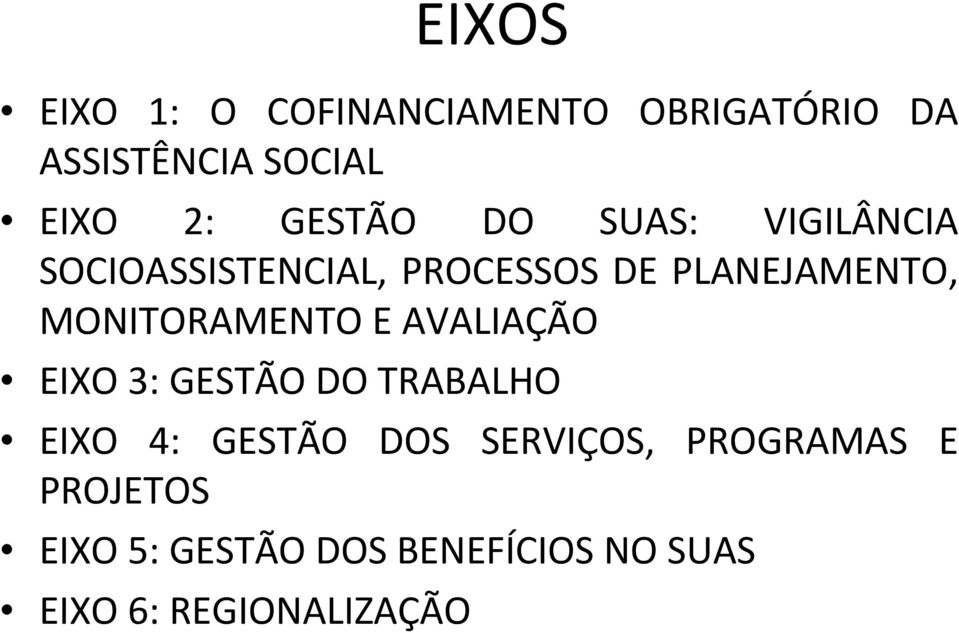 MONITORAMENTO E AVALIAÇÃO EIXO 3: GESTÃO DO TRABALHO EIXO 4: GESTÃO DOS