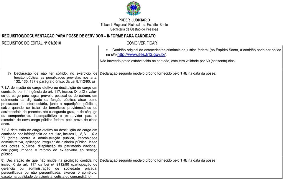 132, 135, 137 e parágrafo único, da Lei 8.112/90: a) 7.1.A demissão de cargo efetivo ou destituição de cargo em comissão por infringência do art.