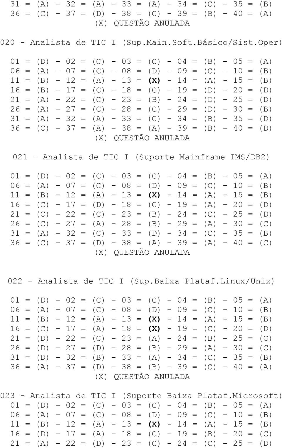 34 = (B) - 35 = (D) 36 = (C) - 37 = (A) - 38 = (A) - 39 = (B) - 40 = (D) 021 - Analista de TIC I (Suporte Mainframe IMS/DB2) 16 = (C) - 17 = (D) - 18 = (C) - 19 = (A) - 20 = (D) 21 = (C) - 22 = (C) -