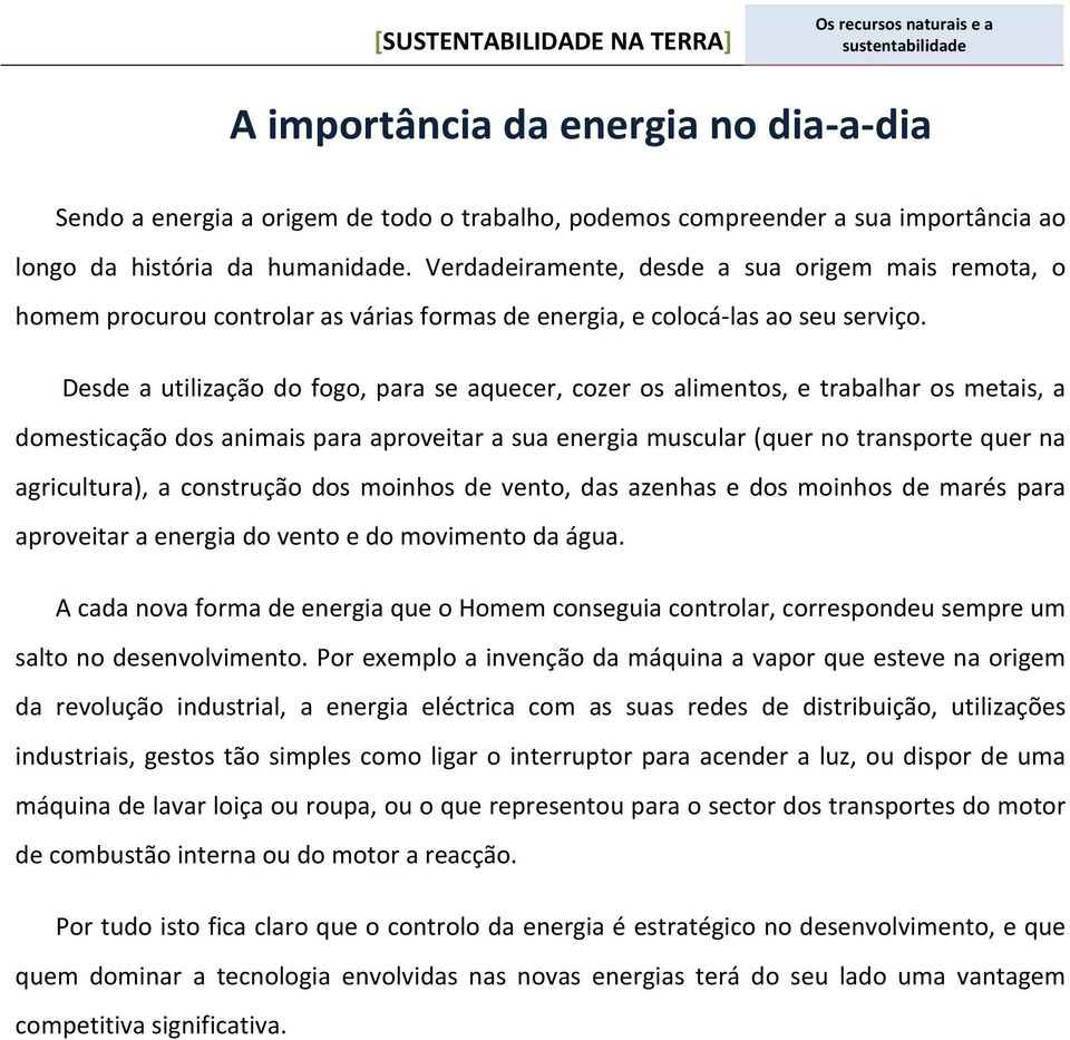 Desde a utilização do fogo, para se aquecer, cozer os alimentos, e trabalhar os metais, a domesticação dos animais para aproveitar a sua energia muscular (quer no transporte quer na agricultura), a