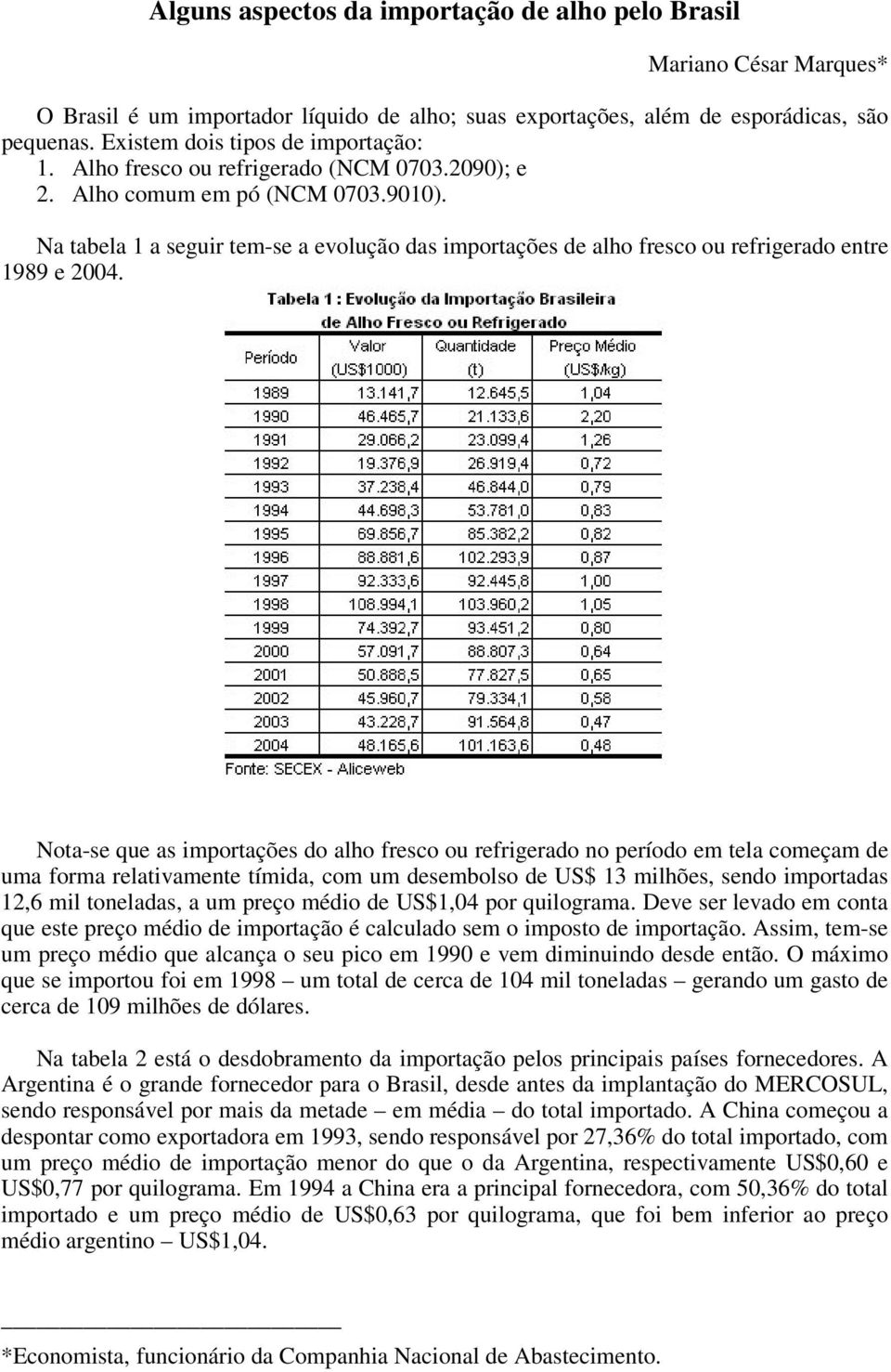 Na tabela 1 a seguir tem-se a evolução das importações de alho fresco ou refrigerado entre 1989 e 2004.