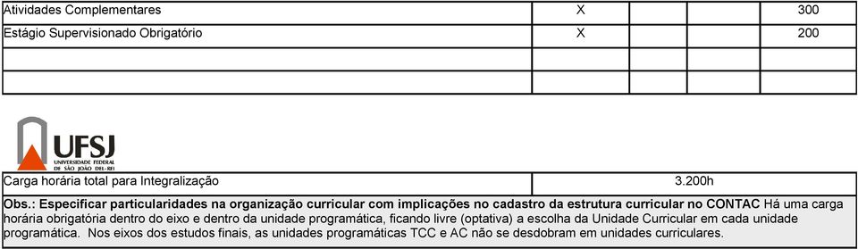 carga horária obrigatória dentro do eixo e dentro da unidade programática, ficando livre (optativa) a escolha da Unidade