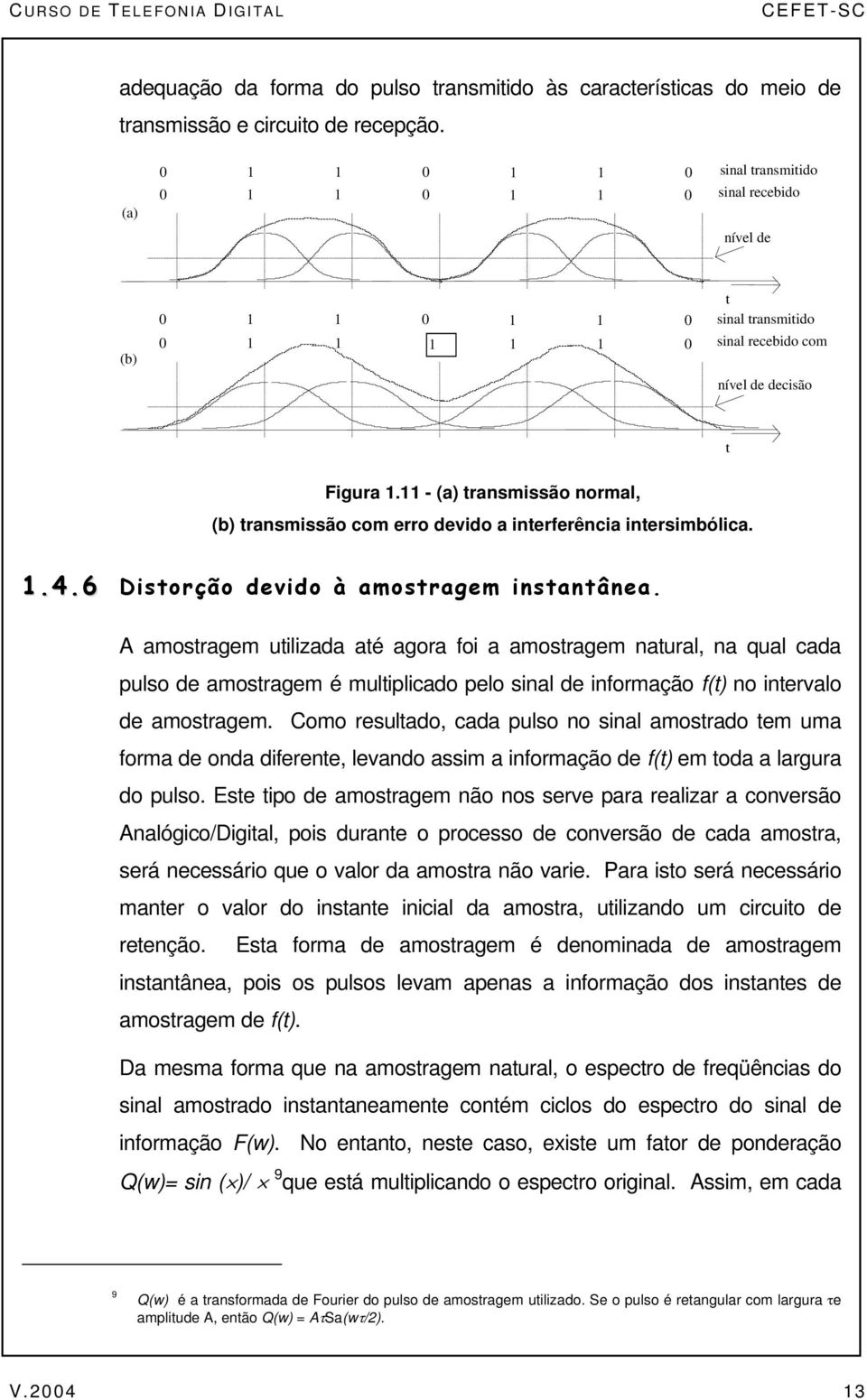 - (a) ransmissão normal, (b) ransmissão com erro devido a inerferência inersimbólica..4.6 Disorção devido à amosragem insanânea.