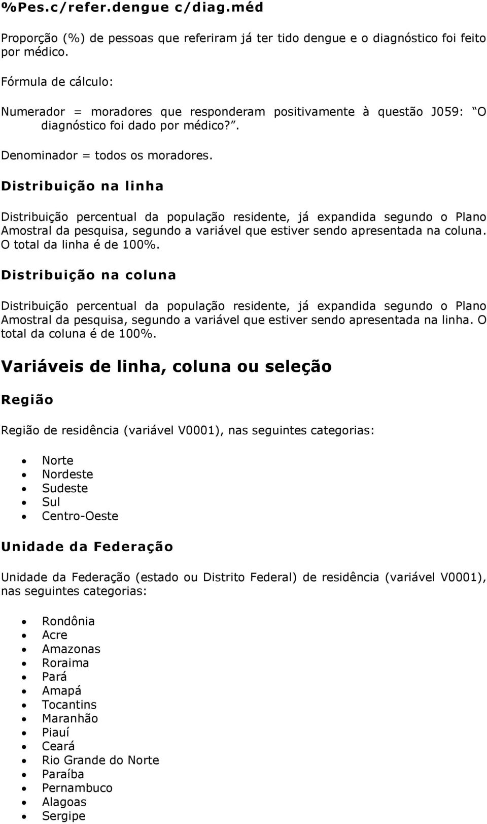 Distribuição na linha Distribuição percentual da população residente, já expandida segundo o Plano Amostral da pesquisa, segundo a variável que estiver sendo apresentada na coluna.