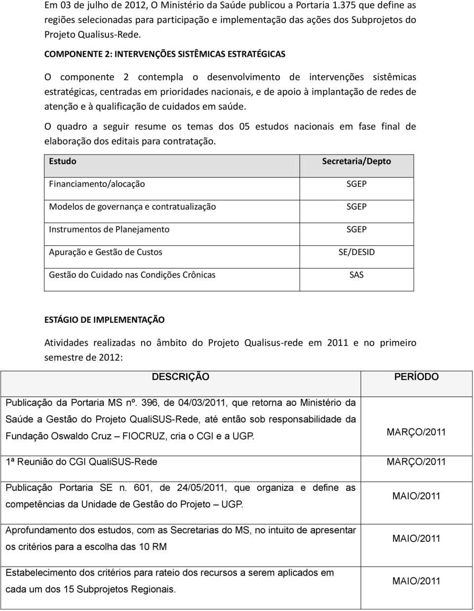 redes de atenção e à qualificação de cuidados em saúde. O quadro a seguir resume os temas dos 05 estudos nacionais em fase final de elaboração dos editais para contratação.