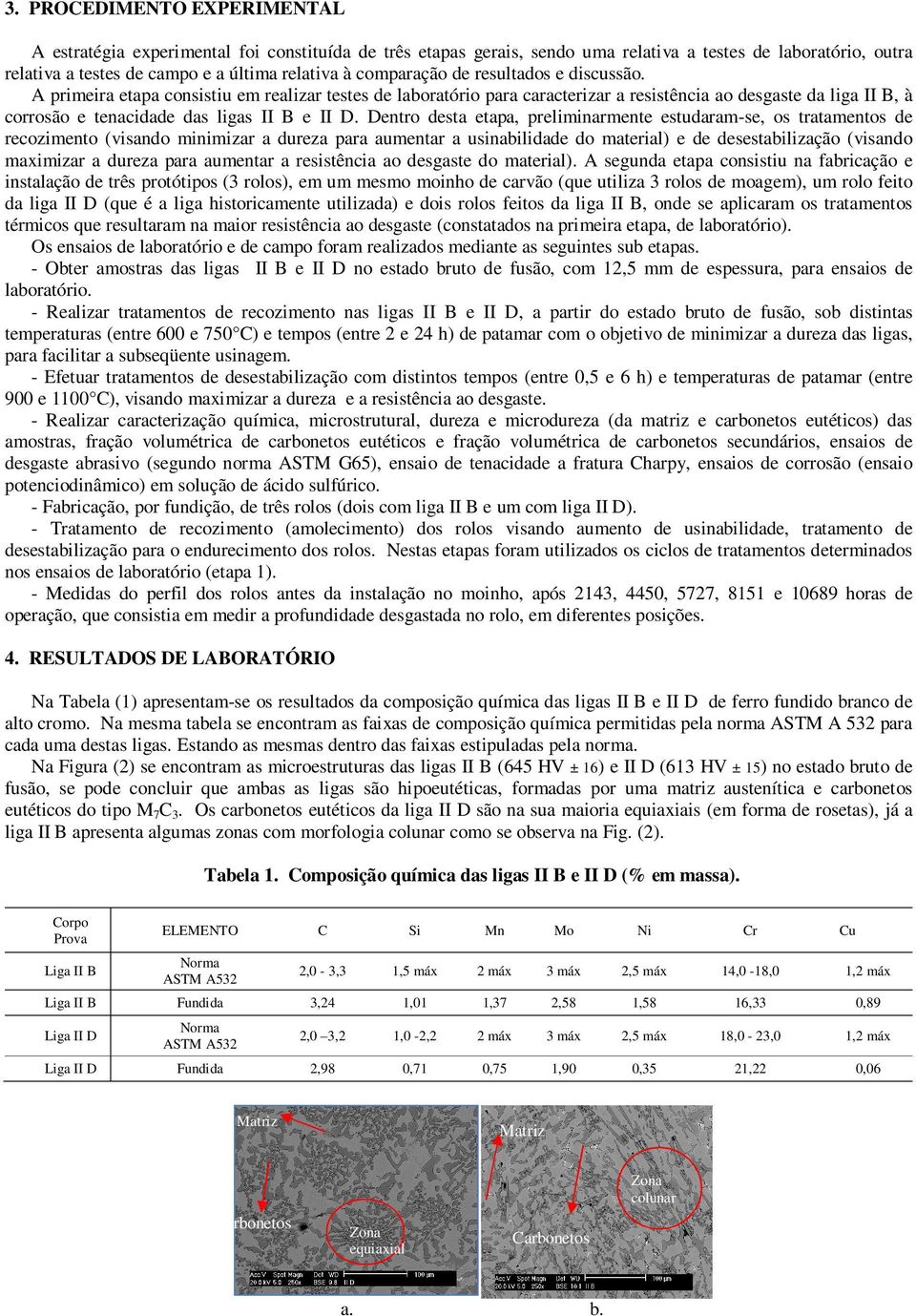 A primeira etapa consistiu em realizar testes de laboratório para caracterizar a resistência ao desgaste da liga II B, à corrosão e tenacidade das ligas II B e II D.