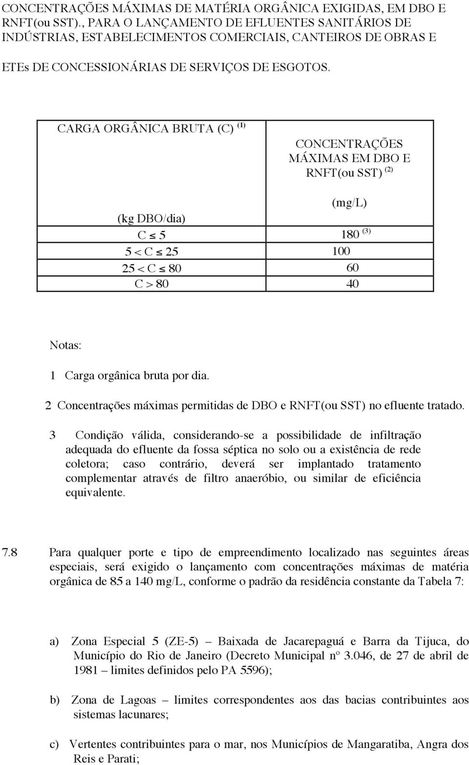 CARGA ORGÂNICA BRUTA (C) (1) CONCENTRAÇÕES MÁXIMAS EM DBO E RNFT(ou SST) (2) (mg/l) (kg DBO/dia) C 5 180 (3) 5 < C 25 100 25 < C 80 60 C > 80 40 Notas: 1 Carga orgânica bruta por dia.